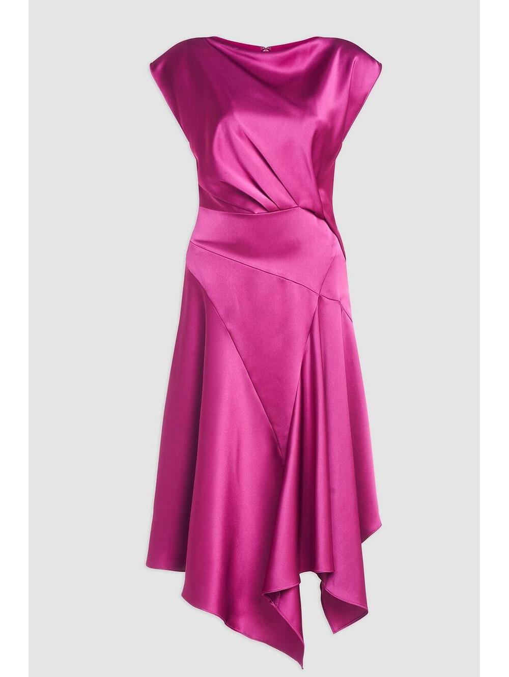 Asymmetric Satin Midi Dress in Fuchsia - Elegant Evening